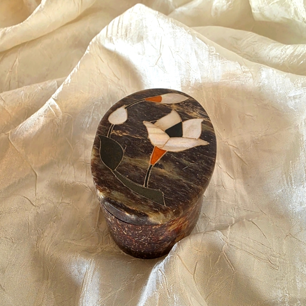 Vintage Marbled Stone Trinket Box Pearl Floral Inlay